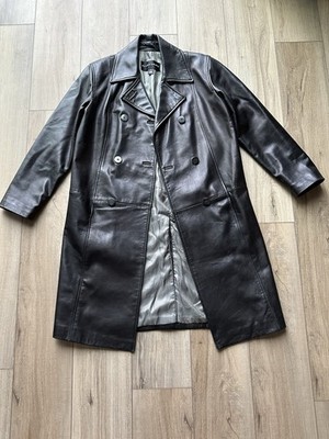 Ellen Tracy BLK Genuine Leather Trench Coat Women S Double Breasted Long Jacket