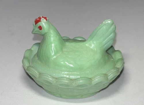 Vintage Westmoreland Mini Hen On Nest Milk Glass Painted Green with Red Comb