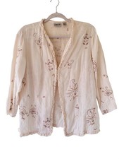 Chicos Delightful Stitch Ellenora Embroidered Linen Jacket Ruffled Trim Granny