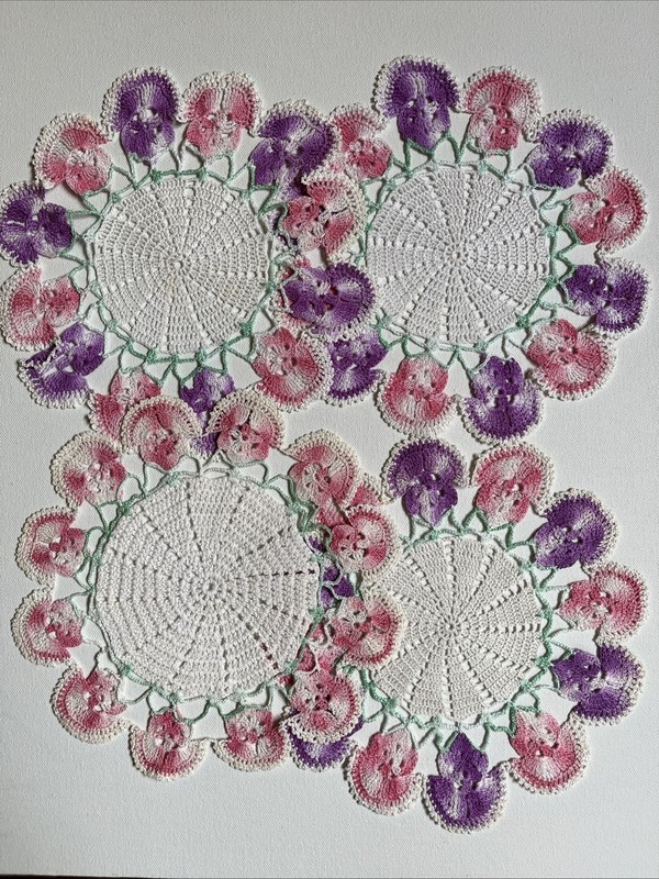 Pretty Lot Of 4 Vintage Hand Crocheted Cotton Doilies Round Floral Cottagecore