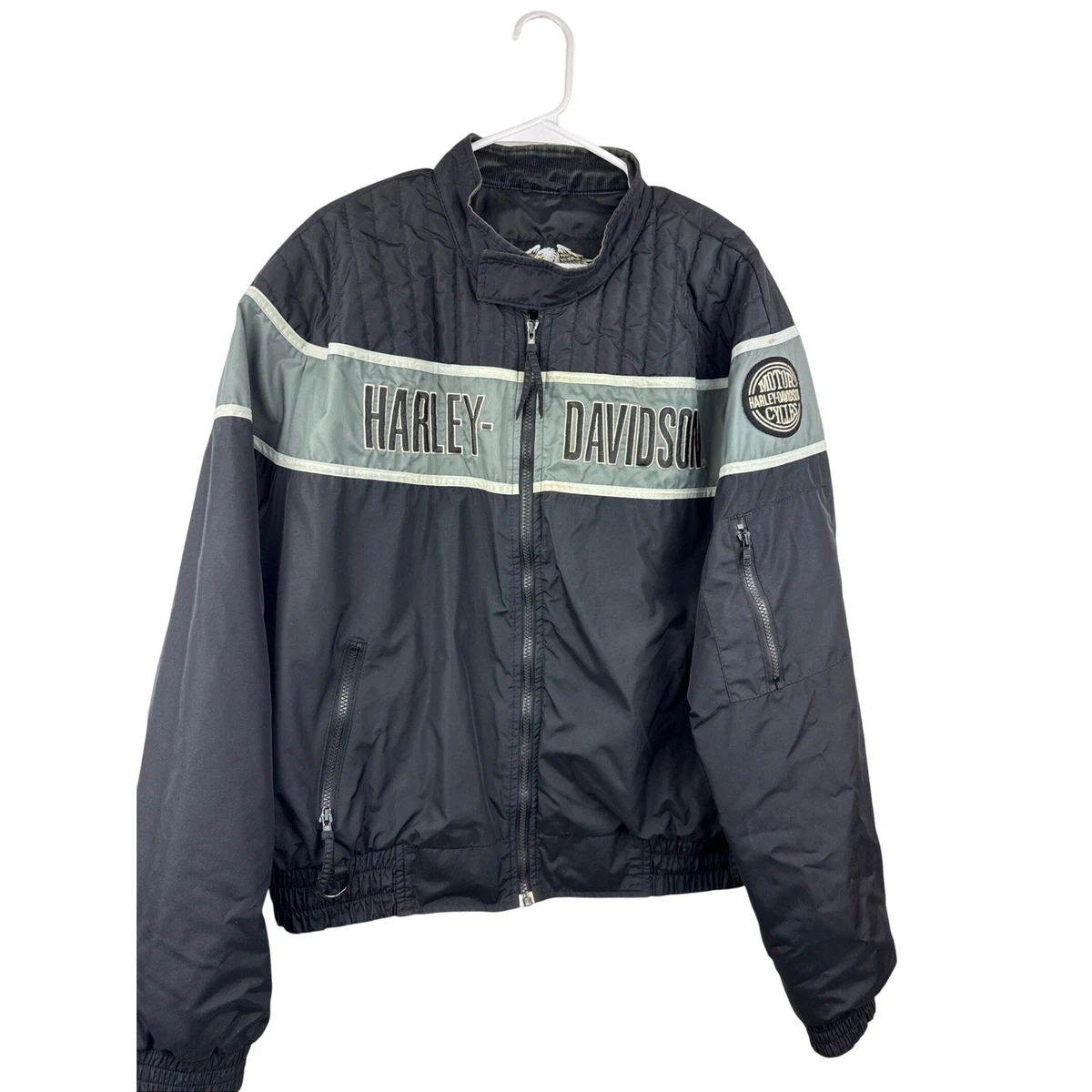 Harley Davidson Racing Jacket Mens Black Grey Embroidered Bomber