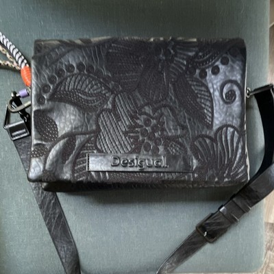 Desigual Black Embossed Floral Shoulder Bag Zip Closure Detachable Strap Women