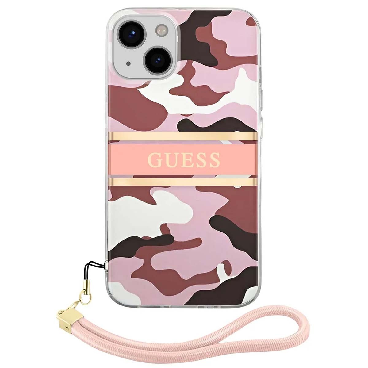 Coque Guess iPhone 13 Mini rose camo avec cordon nylon pour garder les mains libres en festival