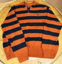 Chaps Men's Sweater Sz XL Orange Navy Blue Stripe 1/4 Zip 100 Cotton