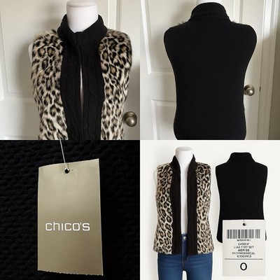 Chico s Lady Lynx Faux Fur Sweater Vest Size 0(4) NWT Black Neutral Animal Print