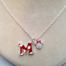 Minnie Mouse Pendant Necklace Rhinestones Red Enamel Silver Tone Signed Disney