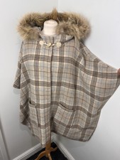 Penny Black Max Mara Wool Cape Hooded One Size Check Beige Brown