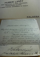 Hungarian theologian Lip&oacute;t HUBER (1861-1946): letter KALOCSA 1934 + business card