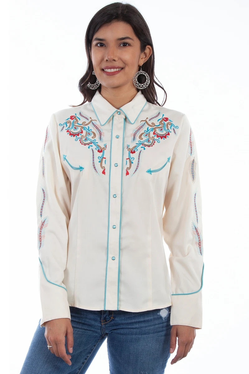 SCULLY Women's Floral Embroidered Blue Retro Western Shirt : :  Clothing, Shoes & Accessories