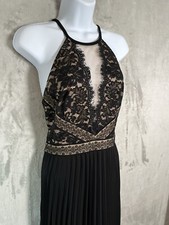Xscape Womens 12 Maxi Dress Sheer Lace Plunge Halter Pleated Formal Evening 