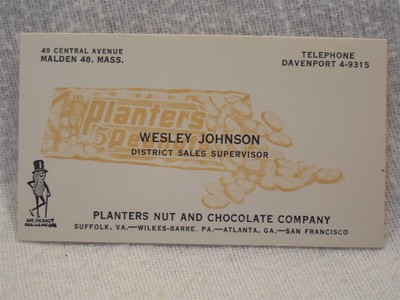 Vintage 1940's Planters Peanut Mr Peanut Business Card Wesley Johnson
