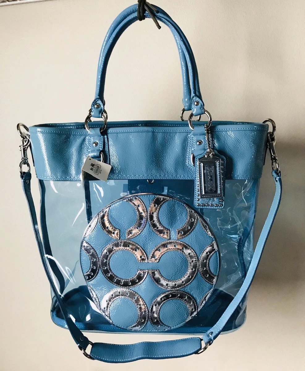 NWT COACH JULIA TRANSPARENT CLEAR OP ART PERRY AQUA SILVER TOTE BAG 15021