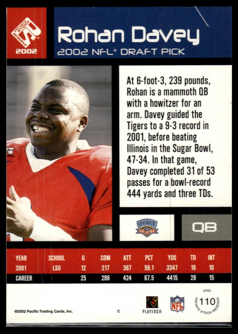 2002 Pacific Private Stock Reserve #110 Rohan Davey Retail Rookies