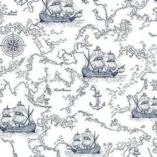 Nautical Fabric - Indigo Coastal Offwhite Scrimshaw Ship Maps - Studio E YARD