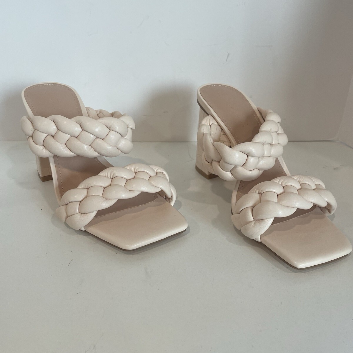 Cream Braided Chunky Heel Sandal Women's Size Casual Elegance