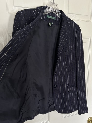 Vintage Lauren Ralph Lauren Navy & White Pin Stripe Linen Blazer Jacket Size 4 - Picture 6 of 7