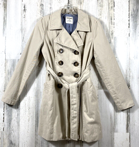 Old Navy Women Lined Khaki Beige Belted Trench Coat Size XS Tortoise Buttons