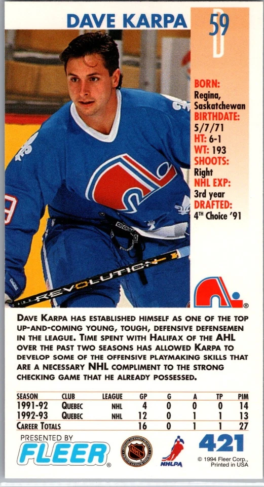 1993-94 Fleer Power Play Tall Boy - #421 Dave Karpa - Image 2 of 2