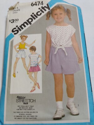 Pull On Shorts Top Tie Girls 3 4 5 Simplicity 6474 Sewing Pattern CUT VTG Knit