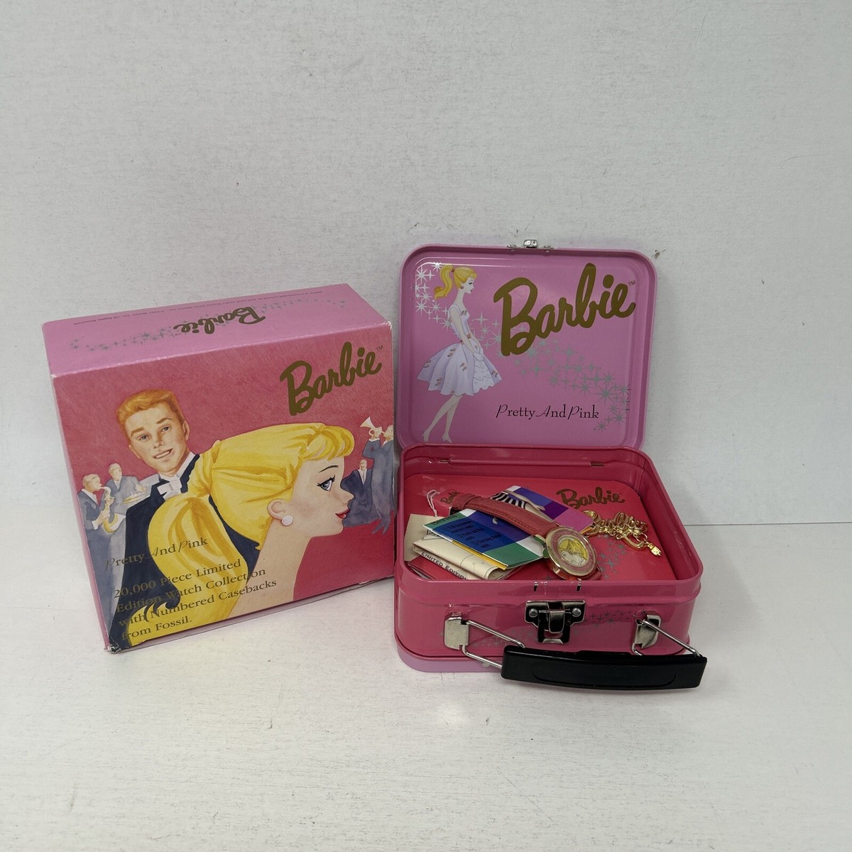 Vintage Barbie “Pretty in Pink” Fossil Watch and Pin Set 1994 Barbie Pretty And Pink Fossil Watch Set in original  main image 2