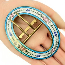 Antique Victorian Guilloche Champleve Enamel Floral Oval Brass Sash Belt Buckle