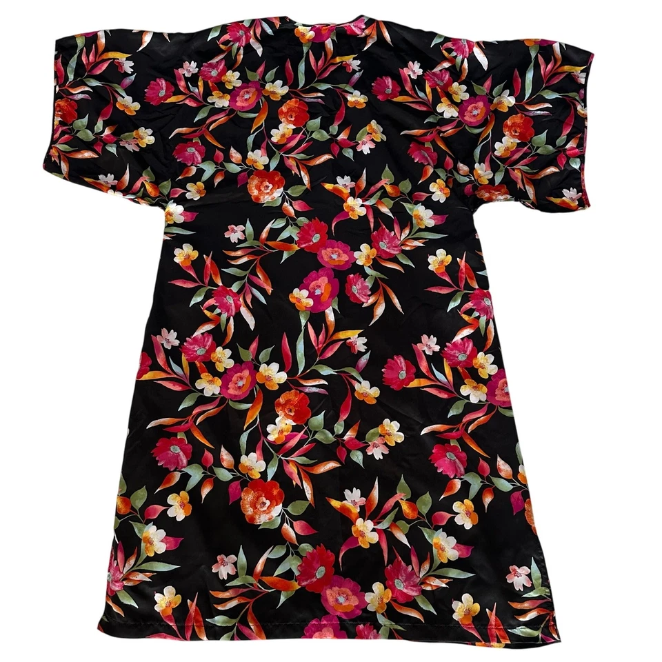 Natori Negro Tropical Floral, Como Seda, Manga Corta, Largo, MuuMuu/Kimono-L Foto 2 de 4