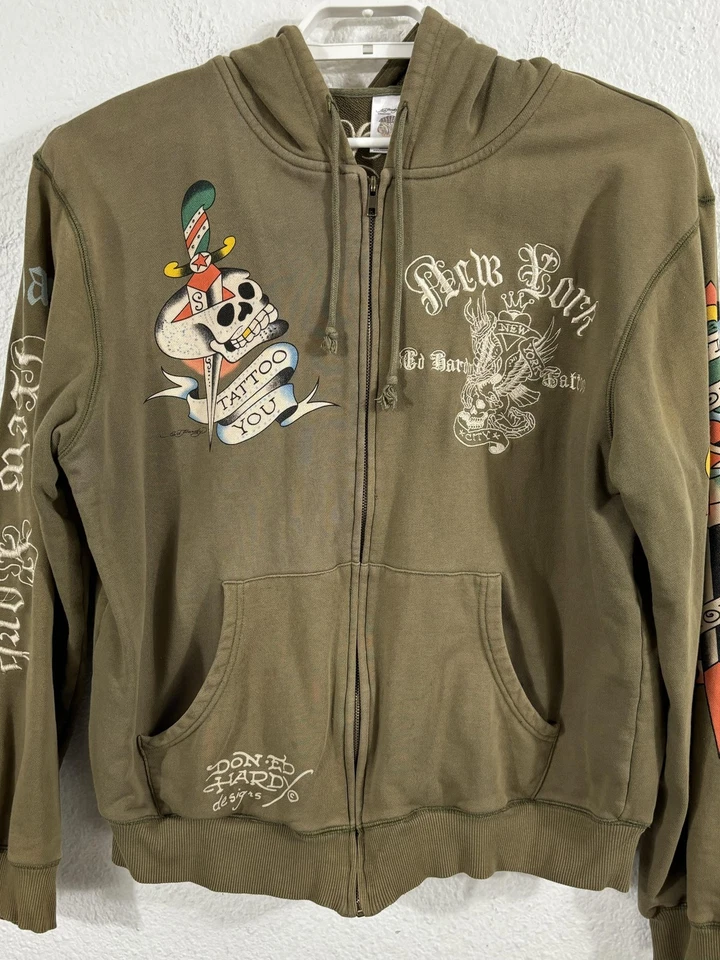 Sudadera con Capucha Ed Hardy Christian Audigier 3XL Verde Muerte Antes del Dishonor Y2K *Defectos Foto 2 de 4