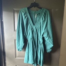 Free People Green Mini Dress V-Neck Balloon Sleeve Smocked Size M