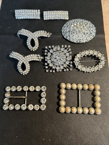 Estate Vintage Lot Of Rhinestone Shoe Clips, Pins , Buckles (1 Pearl )