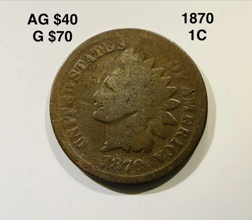 1870 Indian Head Cent Scarce Semi-key Better Date G Good Details Reverse