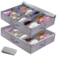 Underbed shoe storage 2 foldable under bed cabinet boxes Grey 