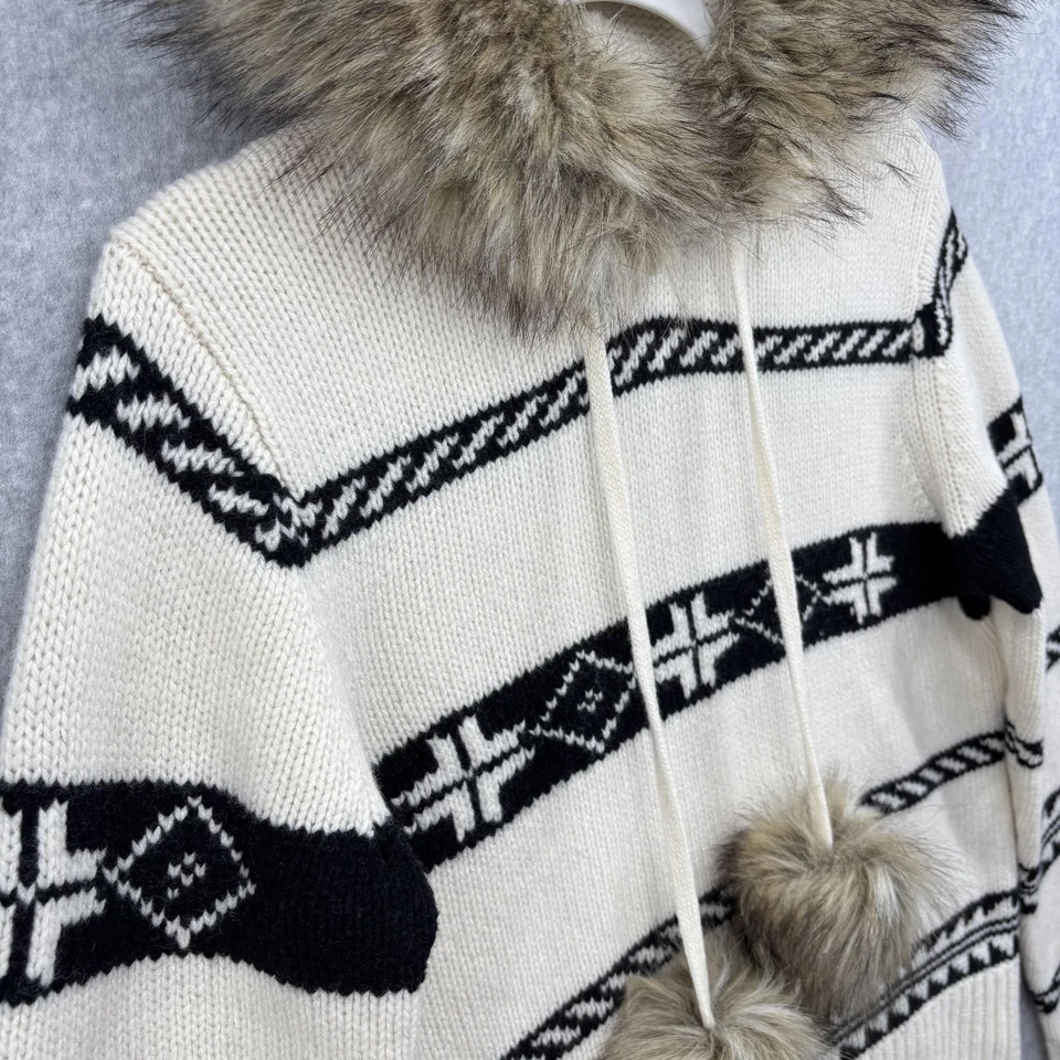 Suéter Polo Ralph Lauren Mujer Mediano Crema Azteca Con Capucha Imitación Piel Pom Lana Foto 4 de 4