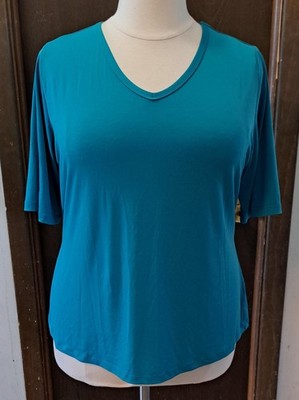 Susan Graver Essentials Blouse Knit Top Size 1X Green Teal V Neck 3/4 Sleeve