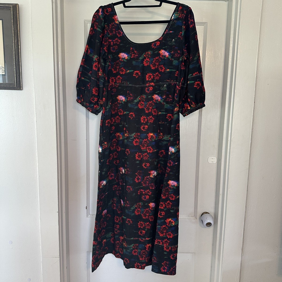 Rachel Comey Dress Womens 4 Black Red Floral Puff Sleeve Midi Square Neck  New | eBay