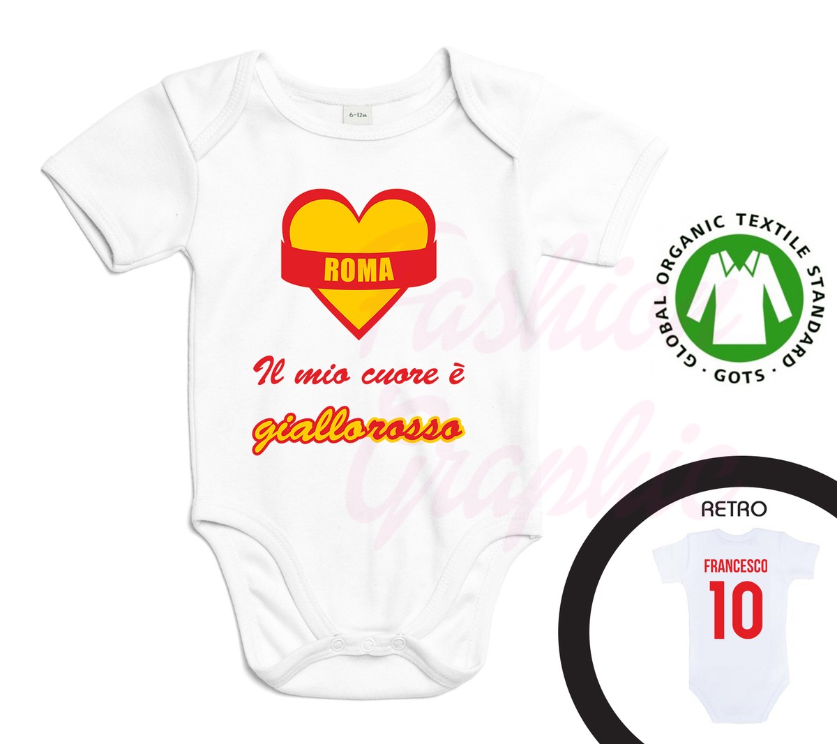 Body Neonato Tifoso Calcio - Cuore Giallorosso In Cotone Jersey, Manica Corta - Foto 5