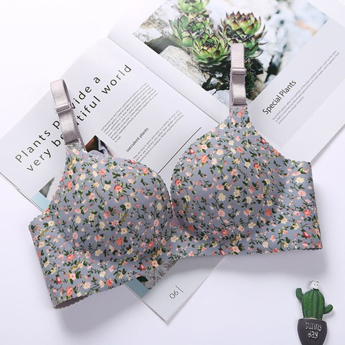 Women Gathered Bra Flower Print Seamless Bra Wireless Adjustable Strap Simple X - Picture 12 of 17