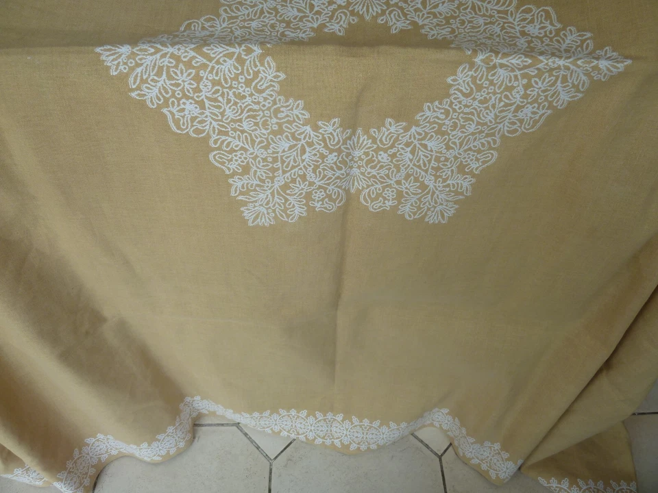 Ancienne nappe coton lin beige blanc marque De Witte Lietaer Belgique 243/150 cm - Photo 2/4
