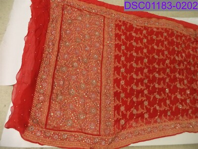 Indian Silk Woven Saree Beaded Detail Red 42'' Wide x 120'' Long