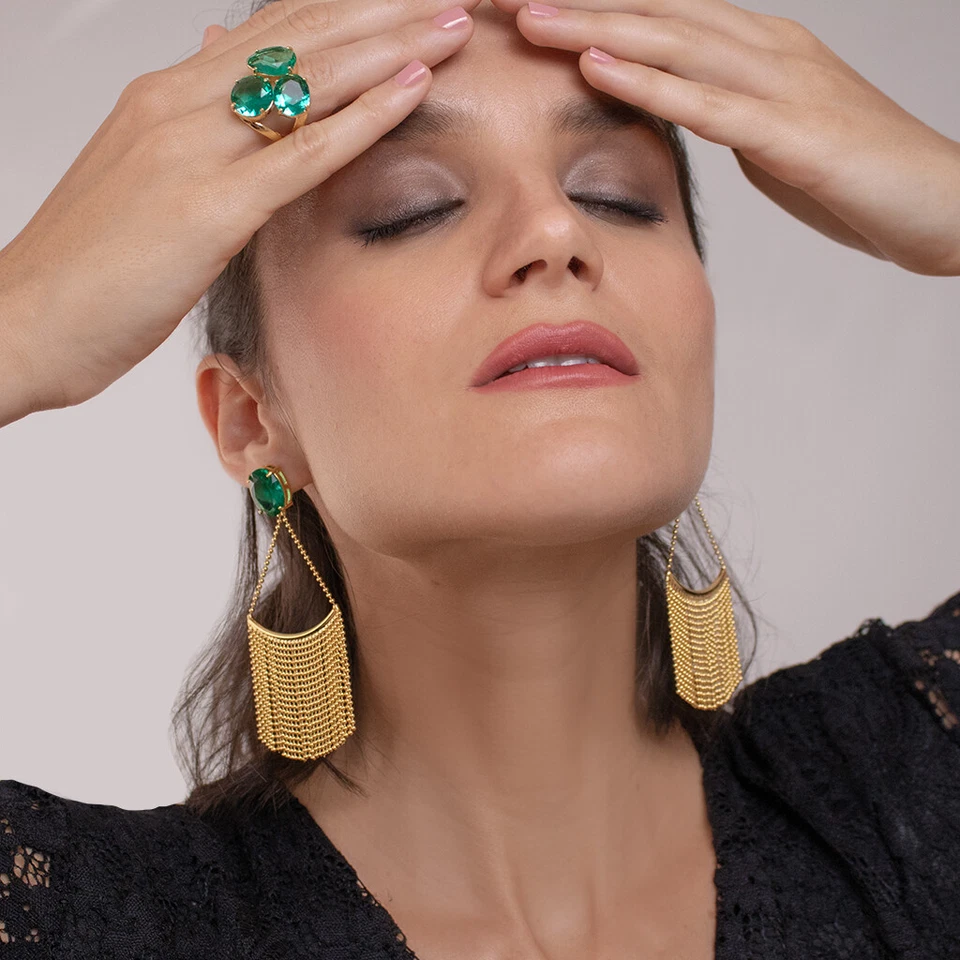 Yellow Gold Filled Ring with Green Cubic Zirconia, Cocktail Jewelry for Women - Image 2 of 4