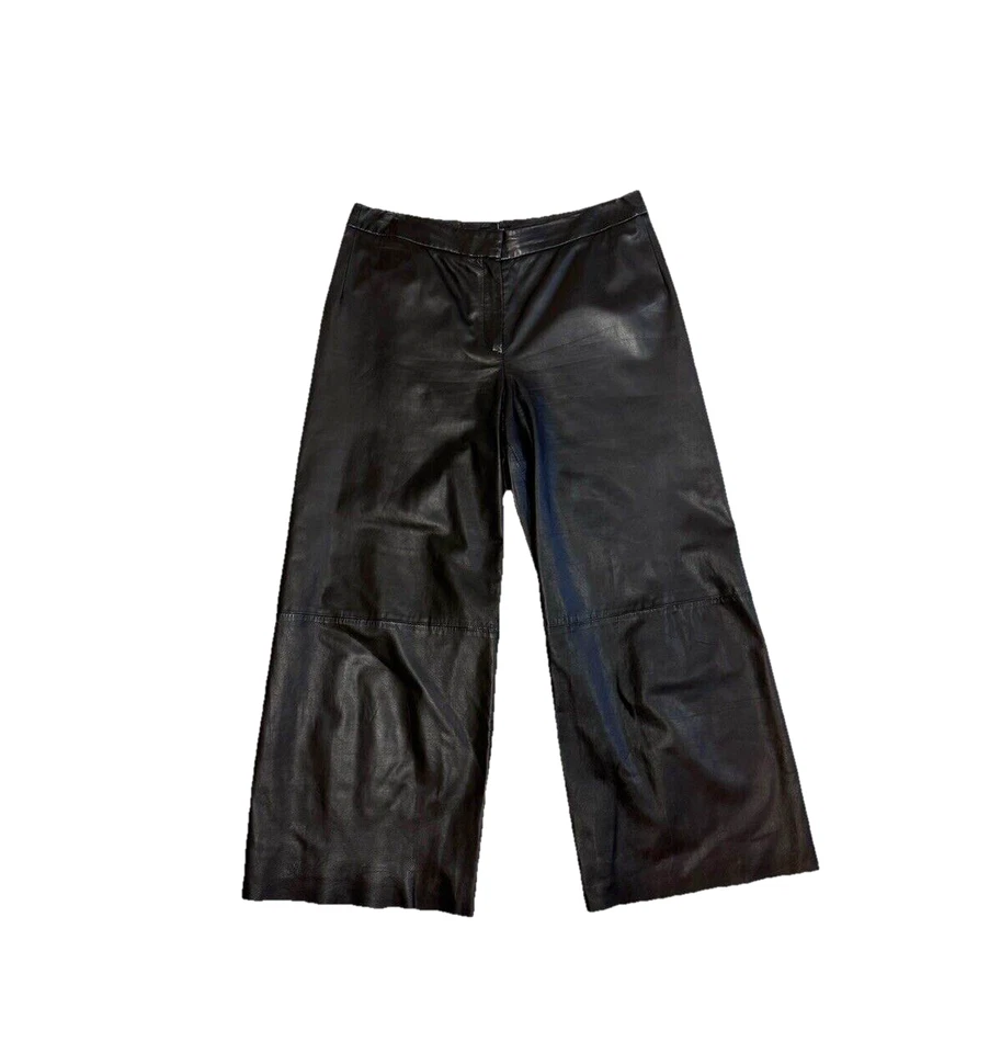 Pantalones de cuero genuino recortados de pierna ancha talla 6 marrón oscuro/negro por valor de $1,200 Foto 2 de 4