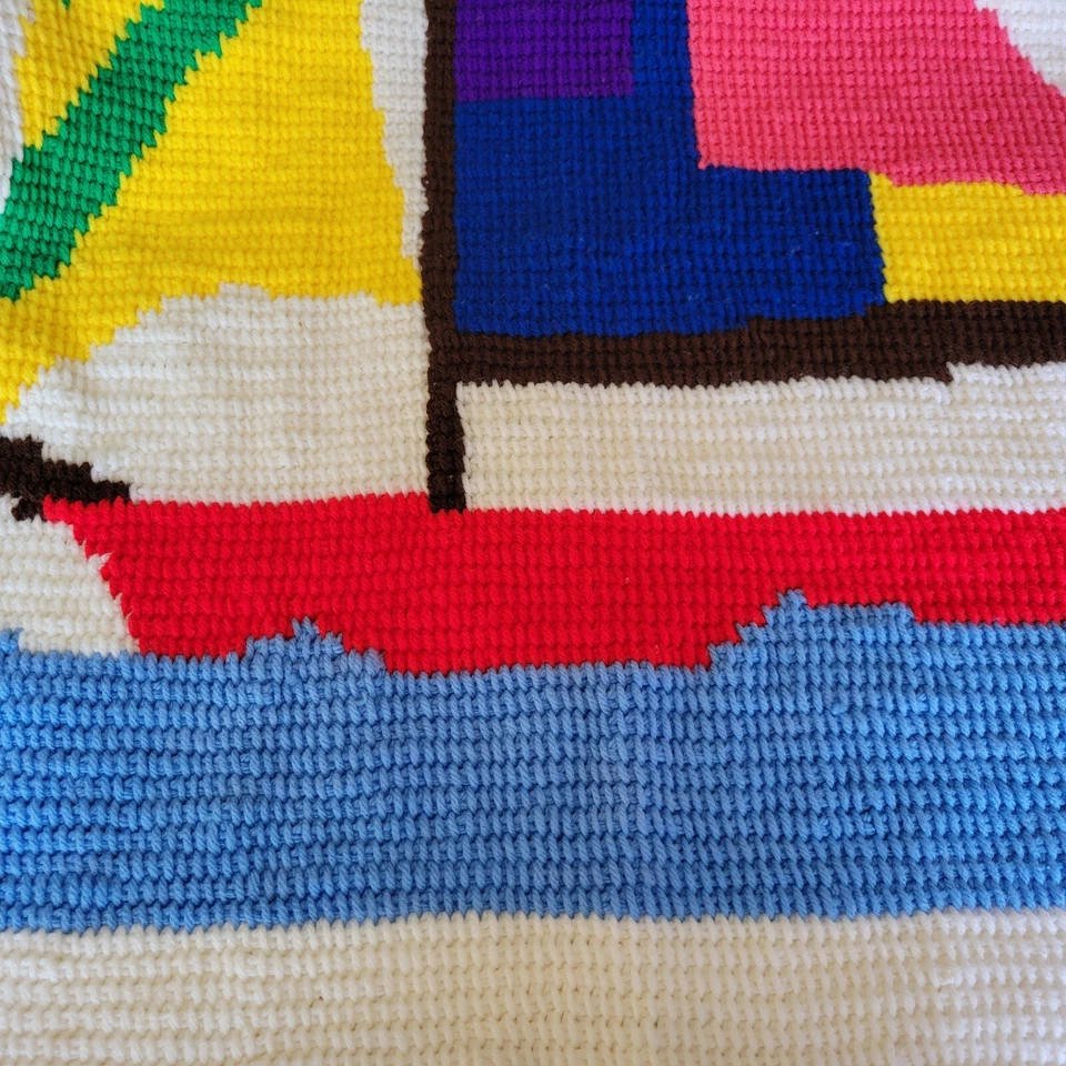 Vintage Hand Knit Sailboat Throw Blanket Wallhanging Nautical Sailing 54" x 39" - Image 4 of 4