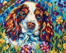 Brittany Spaniel dog painting in a vibrant meadow 8x10 Print 