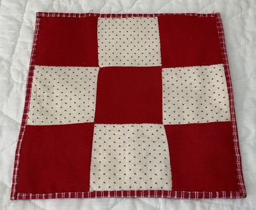 Vintage Antique Patchwork Table Topper, Nine Patch, Early Calicos, Red, White - Picture 2 of 8