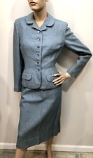 VTG 1950s FRENCH BLUE Wool TWEED Petite BARDLEY Jr. Pencil Skirt SUIT Sz-XXS