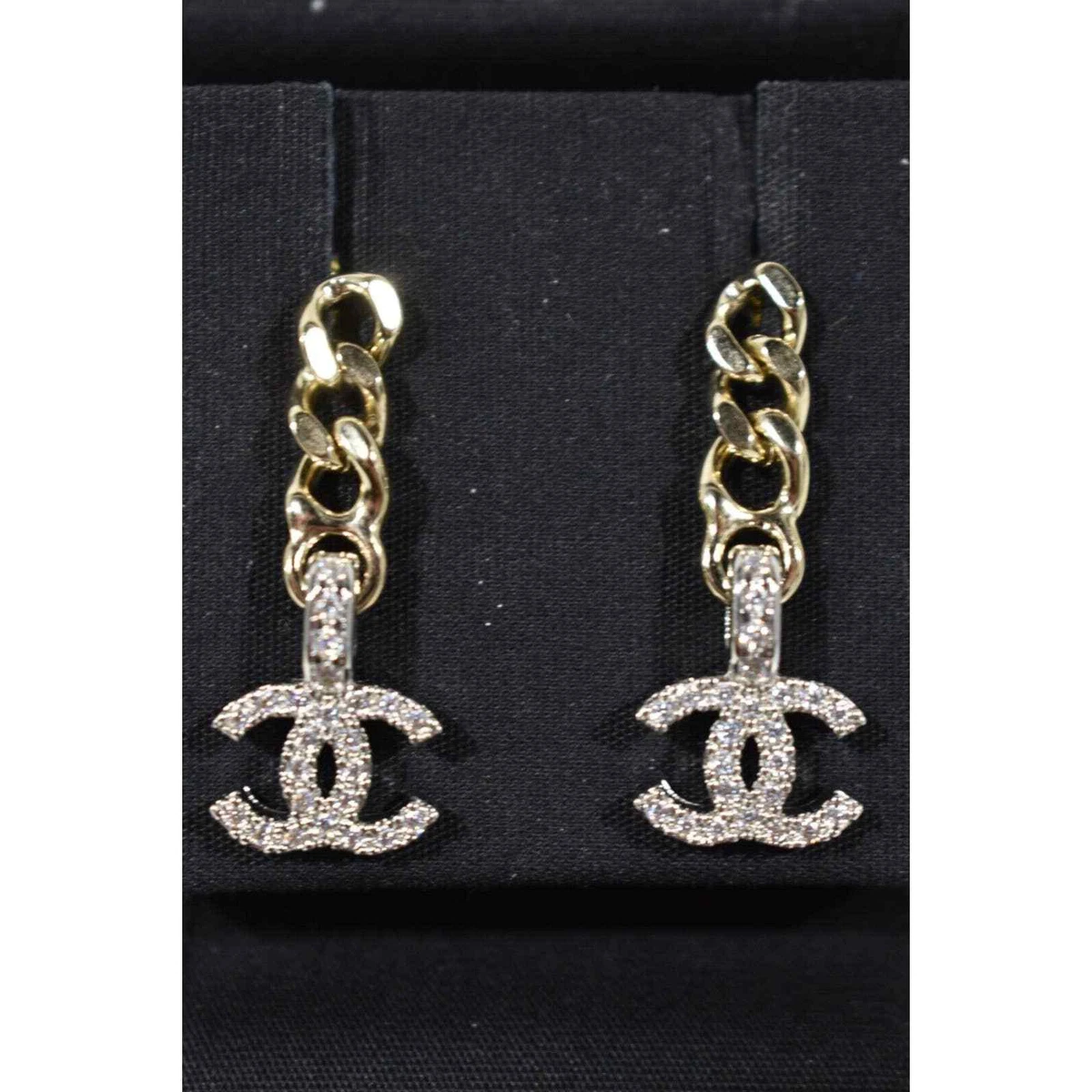 Chanel 22S Gold Link Chain Silver Crystal CC Logo Large Dangle