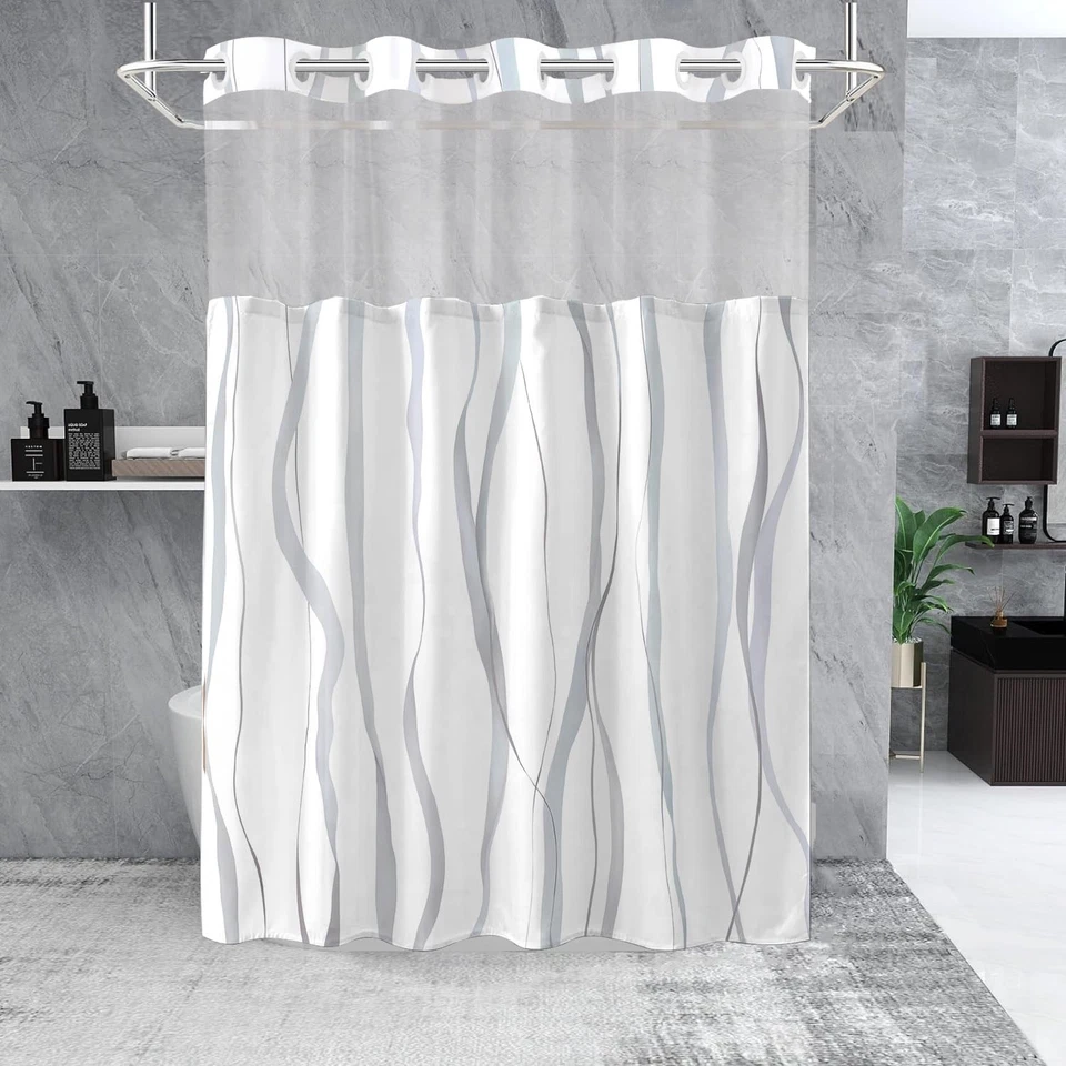 Cortina de Ducha Sin Gancho con Juego de Forro a Presión, Diseño a Rayas Grises y Blancas,... Foto 2 de 4