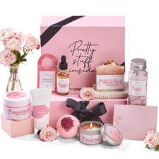 Rose Spa Gift Basket for Women Luxury Self Care Bath Body Set w/ Candle  Salts