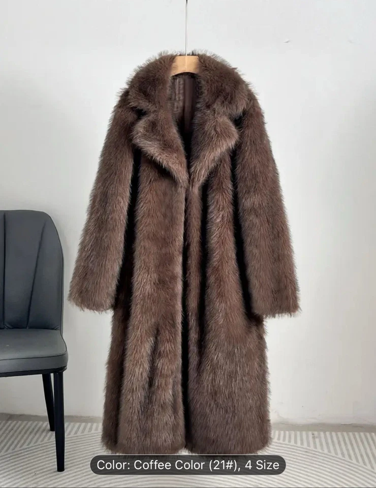 Abrigo largo de invierno de piel sintética para mujer con cuello, silueta en forma de H longitud completa Foto 4 de 4