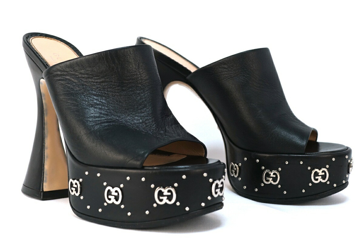 GUCCI Platform Slide Sandals Black Leather Size US6 EU36 Women’s Shoes thumbnail 2