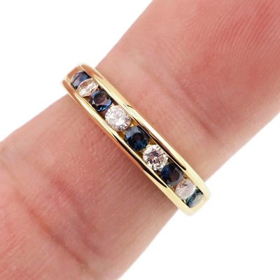 Classic 14k Solid Yellow Gold Natural Blue Sapphire and Diamond Band Ring Size 7